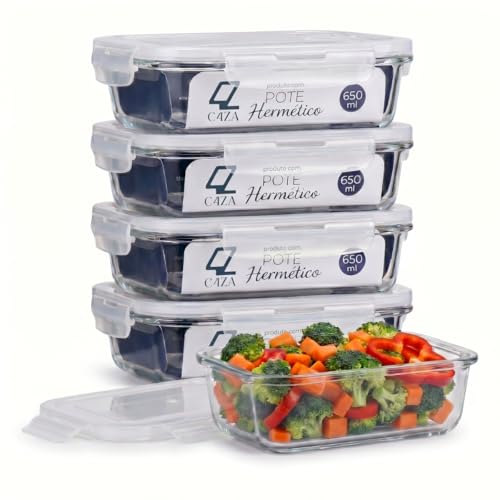 Kit 5 Potes Herméticos de Vidro Resistente de 650ml com Travas de Segurança e Tampa com Válvula | Próprio para Freezer, Microondas e Forno - Kit 5 Unidades