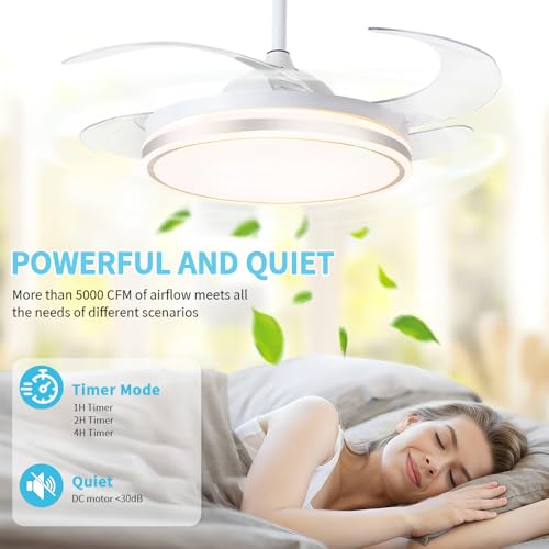 Ventilador de Teto 107CM Branco, Inverter de 6 Velocidades, Ventilador de Teto com Controle Remoto, 4 Pás, Diâmetro da Lâmpada 49cm, Controle Remoto, LED 72W 3 Cores Altermáveis