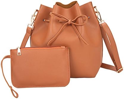 Women Textured Faux Leather Drawstring Style Mini Handbag Bucket Shoulder Bag (Light Brown)