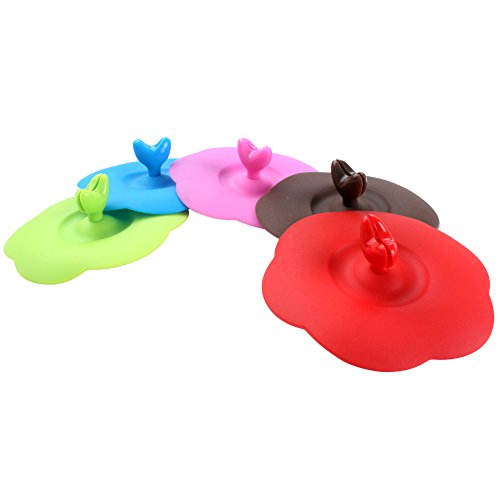 Z Zicome Set of 5 Silicone Cup Lids Mug Covers with Heart Shape Spoon Stirrer Holder for Cup Size within 4.1 inch/10.5cm