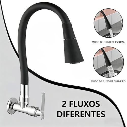 Torneira de Cozinha de Parede Preta Design Flexível Acabamento Fosco para Decoração Moderna (1 Pcs)
