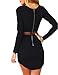 Leadingstar Women Crew Neck Long Sleeve Crop Top Midi Skirt Outfit Two Piece Bodycon Short Dress Black M