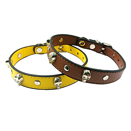 M2cbridge Small Dog Leather Collars Puppy Cat Skull Rivet Necklace, 2 Pack (Brown/Yellow)