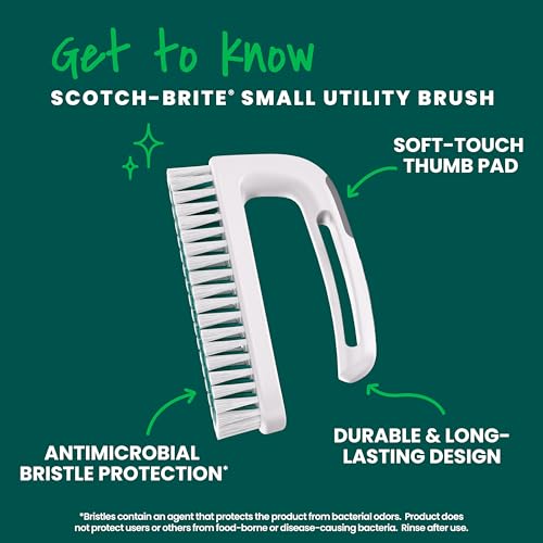 Scotch-Brite Small Utility Brush, Long Lasting Dish Brush with Handle for Scrubbing Cookware, Hands, Tile, Grout, Cutting Boards, and Utensils without Scratching, Antimicrobial, and Rinses Clean