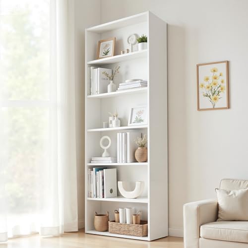 OSLIFE 200cm Librero Organizador Elevado, Mueble Organizador de Madera,6 Repisas Abiertas, Ahorra Espacio,Estantes,Repisas de Madera,Librero Minimalista para Dormitorio,Sala,Oficina,Cocina (Blanco)