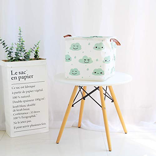 Square Storage Bins Canvas Collapsible Storage Basket with Handles Toy Organizer for Nursery, Kid's Toys, Closet & Laundry, Gift Basket (Green Cloud) - Thumbnail 6