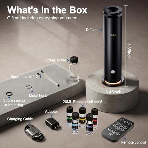 NoxLumina Waterless Scent Diffuser Starter Kit with 5 Essential Oils, Luxury Hotel-Class 1500 Sq Ft Cover Aromatherapy Diffuser Oil Machine, 6 Mist 4.06Oz Air Diffusers for Home Large Room Hotel SPA
