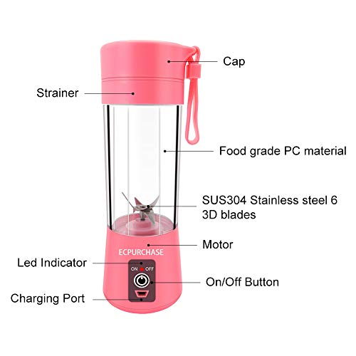 Portable Blender USB Rechargeable, Small Blender Single Serve, Personal Size Blender Travel Blender Juicer Cup 380ml (FDA, BPA free) (Pink)