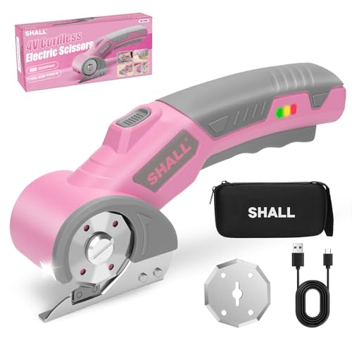 SHALL 4V Cordless Electric Scissors with Safety Lock, LED Light and Replacement Blade - Rechargeable Rotary Cutter for Fabric, Leather, Carpet, Cardboard and Plastic