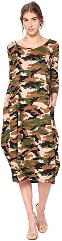 12 Ami Solid 3/4 Sleeve Bubble Hem Pocket Midi Dress (S-3X) - Made in USA