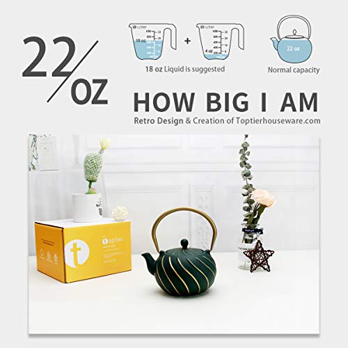 Tea Kettle, TOPTIER Japanese Cast Iron Teapot with Infuser, Stovetop Safe Cast Iron Tea Kettle, Wave Design Cast Iron Teakettle Coated with Enameled Interior for 22 oz (650 ml), Green - Thumbnail 4