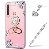 Case for Galaxy A9 2018 Diamond Case,Crystal Inlaid diamond Flowers Rhinestone Diamond Glitter Bling Mirror Back TPU Case & Ring Stand + Touch Pen Dust Plug for Galaxy A9 2018 Mirror Case,Rose Gold