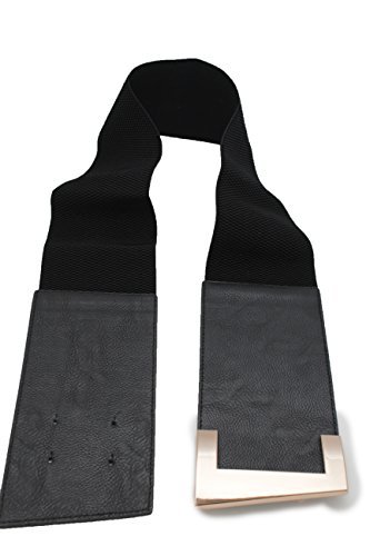 TFJ Women's Fashion Corset Belt Wide Hip Waist Faux Leather Elastic Metal Gold Buckle Small Medium Black