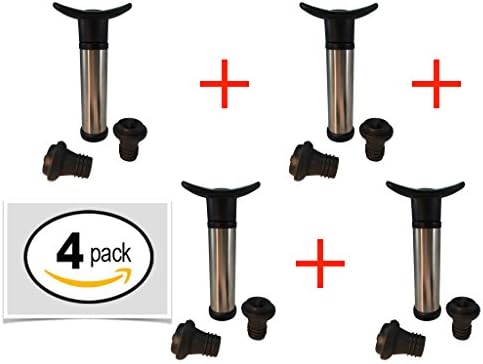 4 PACK BUNDLE - Premium professional stainless wine vacuum pump saver set with stoppers included preserves taste of opened bottles perfect gift for connoisseurs.
