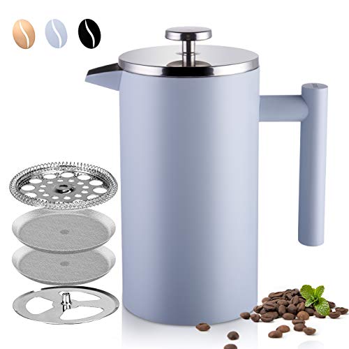 SULIVES Large Stainless Steel French Press Coffee Maker Double Wall Vacuum Insulated Stainless Steel Body- 34 oz/ 1000 ml - BLUE - Thumbnail 6
