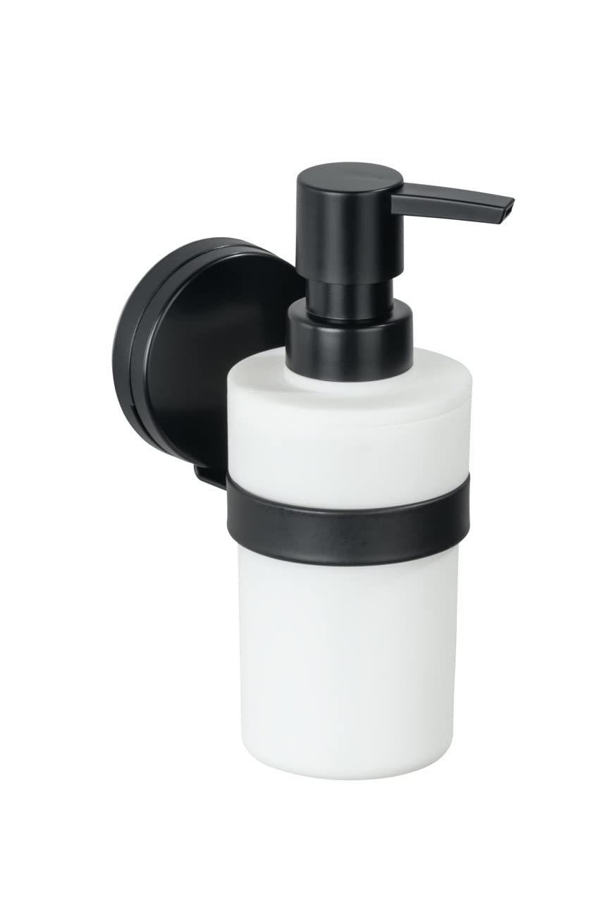 WENKO Static-Loc Plus Pavia Soap Dispenser Black, No Drilling Required, Secure Hold Due to Static Adhesion on Smooth, Airtight Surfaces, Capacity 220 ml, 6 x 16 x 9 cm, Matt Steel