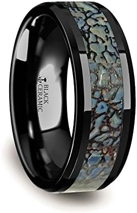Thorsten PERMIAN Polished Flat Style Black Ceramic Wedding Ring with Blue Dinosaur Bone Inlay and Polished Beveled Edges Comfort Fit Lightweight Durable Wedding Band by Rings - 8mm