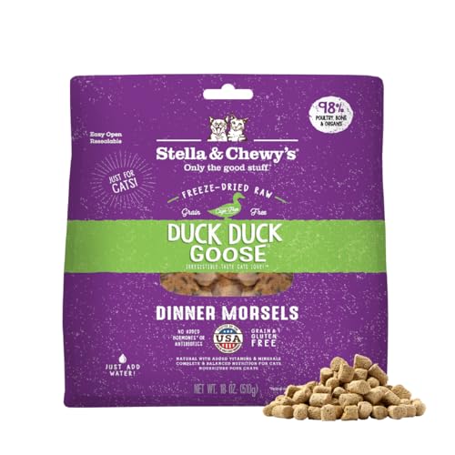 Stella & Chewy's Freeze-Dried Raw Cat Dinner Morsels - Premium Duck & Goose Recipe with 98% Cage-Free Poultry & Organs - Natural Grain-Free Cat & Kitten Food - Made in USA - 18 oz