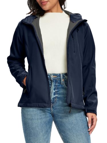 SaphiRose Women's Waterproof Softshell Jacket, Fleece Lined Hooded Windbreaker, Warm Lightweight Insulated Rain Coat (Navy, XXL) at Amazon