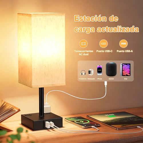 Lylilidy 2 PC Lámparas de Mesa y Buró (FOCO INCLUIDO), Lamparas de Mesa recamara Control Táctil, 2 Salidas de CA y 2 Puertos USB (A+C), 3 Niveles de Brillo