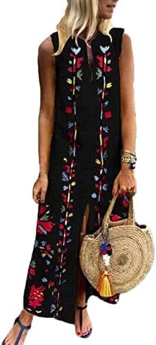 Women Sleeveless V Neck Cotton Kaftan Split Long Maxi Dress Plus Size