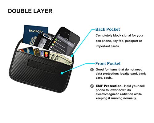 NAXER RFID Wallet Faraday Bag Cage EMF Protection Cell Phone Pouch Car Key Fob Protector Credit Card Holder Carbon Fiber Wallet Case for Phones Passport Security with 2 RFID Blocking Sleeves