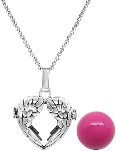 Wing Heart Mexican Bola Harmony Ball Angel Caller Pregnancy Chime Locket Pendant Necklace Women Presents 30" ( Dark Pink Ball )