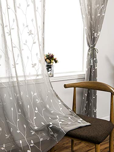 AmHoo Floral Leaf Embroidery Semi Sheer Curtain Rod Pocket Voile Sheer Curtains Set of 2 for Living Bedroom Window Treatment (Light Grey, 53 x 84)