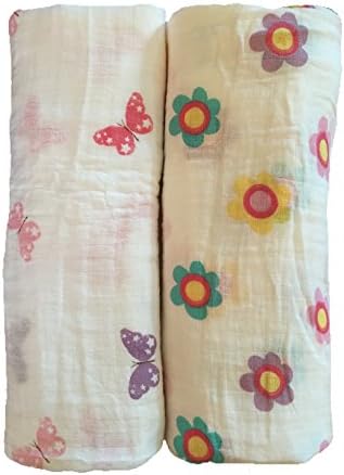 Muslin Swaddle Blankets 2 Pack - Organic Cotton - 47 inch x 47 inch - For Boys or Girls (Flowers &amp; Butterflies)