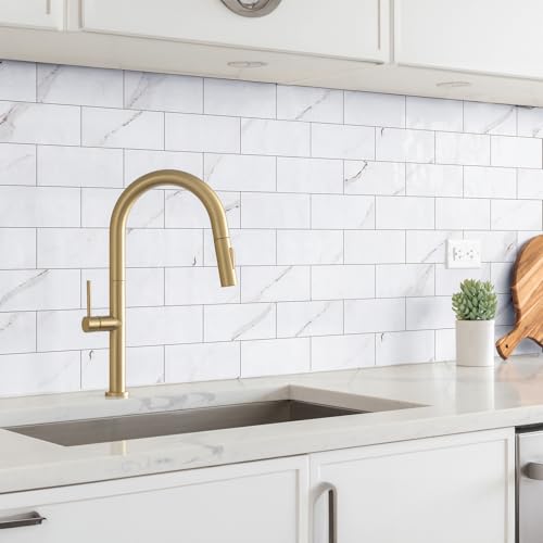 StyloVue 100 Pieces Peel and Stick Backsplash for Kitchen, 3" x 6" PVC Subway Tile 2024 Upgraded Glossy White Marble with White Grout Backsplash Stick on Tile Elevate Kitchen Fireplace RV