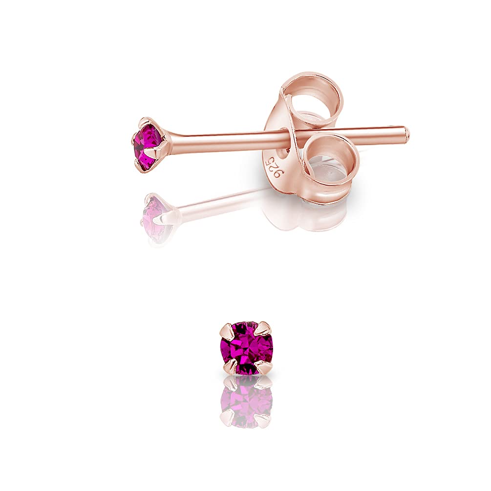 Small Solitaire Stud Earrings 925 Sterling Silver Rose Gold Plated 18K - Tiny Gold Studs 2 mm - Minimalist Sparkle Stud Earrings with Fuchsia Crystal
