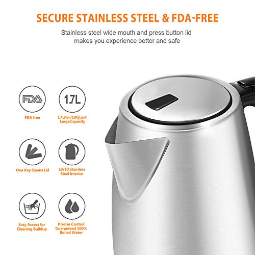 Electric Kettle - Hot Water Kettle 1.7 Liter - Stainless Steel Cordless Tea Kettle 1500W with Auto Shut-off, Boil-Dry Protection
