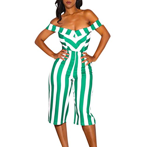 Women Sexy Off Shoulder V-Neck Striped Printed Strapless Wide-Leg Pants Jumpsuit Rompers Elegant 3/4 Length (Green, XL)