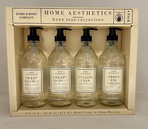 Home and Body Company |Home Aesthetics | Hand Wash Ultra Moisturizing Formula in Glass Bottles | SET OF 4 | Sweet Orange, Creamy Coconut, English Pear, Amber Fig |