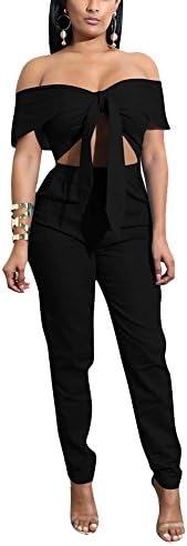 Metup 2 Piece Outfits for Women Tie Knot Off The Shoulder Crop Top Casual Long Pants Set Clubwear Black S