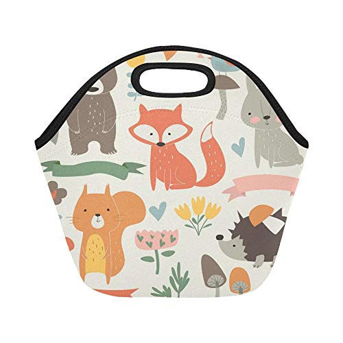 Insulated Neoprene Lunch Bag Set Forest Animals Cartoon Style Cute Large Size Reusable Thermal Thick Lunch Tote Bags For Lunch Boxes For Outdoors,work, Office, School