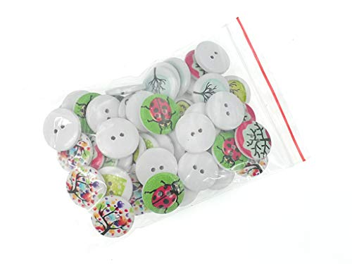 Kinteshun Wooden Buttons Round Natural Wood 2-Holed Fastener Buttons for Sewing Knitting Handcraft(100pcs,Off-White,Assorted Floral Patterns)