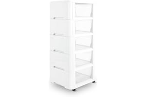 OMNISAFE 5 Tier Plastic Drawers, White Storage Cart with White Frame, Storage Organization unit for Living Room, Bedroom, Dormitory