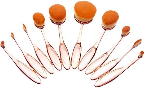 Summifit 10 Pcs Oval Makeup Brushes Set Contour Foundation Concealer Blush Eyeshadow Brush Kit Mineral Cream Powder Cosmetics Tools (Lovely Pink Rose Gold)