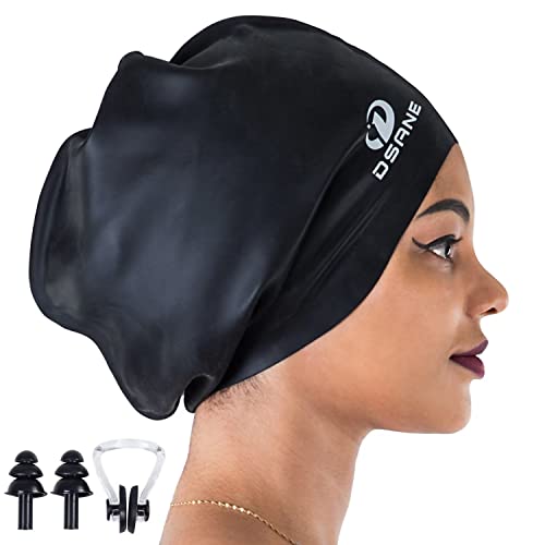 Dsane Extra Large Swimming Cap Women Men,Special Design Swimming Hat for Long Hair,Swim Cap for Very Long Thick Curly Hair&Dreadlocks Weaves Braids Afro Silicone Keep Your Hair Dry(Black)