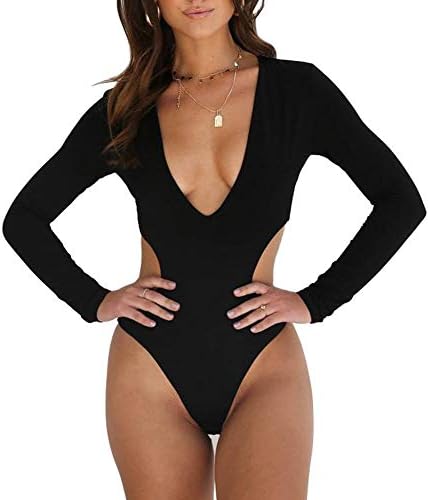Rashguards for Women Long Sleeve Bathing Suit Monokini Plunge V Neck Sexy Swimsuit
