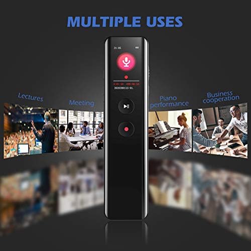 Compact digital voice recorder in black with a screen displaying information.