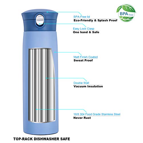 Diller Thermos Water Bottle, Coffee Travel Mug 16 or 8 oz Kids Mini Water Bottle Tumbler with Spout Lid, Leak Proof Flask for Kids and Women Keep 12H Piping Hot & 24H Cold (Blue, 16 oz)