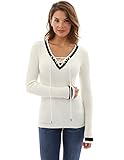 PattyBoutik Women's V Neck Lace Up Contrast Trim Ribbed Sweater