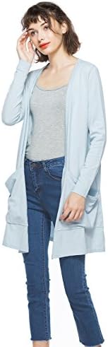 KNITBEST Women's Long Sleeve Open Front Cardigan With Boyfriend Pockets (Medium, Sky Blue)