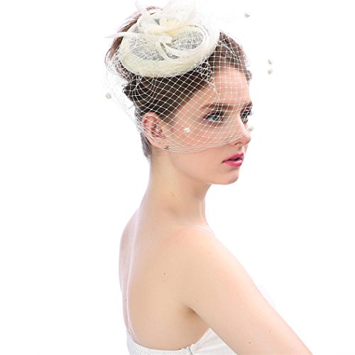 image for SUKEQ Fascinator Hat, 2018 New Feather Mesh Net Veil Party Hat Clip He