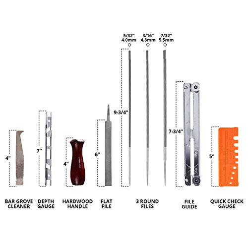 10 Piece Chainsaw Sharpening & Filing Kit, Includes :5/32, 3/16, 7/32 Round Files, 6 Inch Flat File, Depth Gauge, Filing Guide Holder, Hardwood Handle, Tool Set Pouch for Sharpening Saw Chain Blades