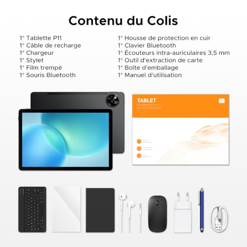 Easerush P11 Tablette 11 Pouces, Tablette Android 16 avec 48Go+128Go/2To TF, Tablette Tactile avec 90Hz Display, T7250, Gemini AI, 8800mAh, 13 MP+5MP, Widevine L1, 5G WiFi, Stylet, Clavier, Noir