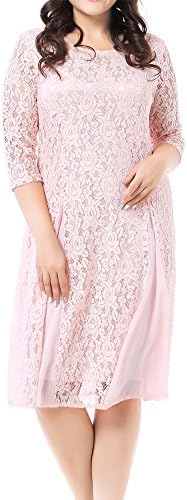 GMHO Women's Size Scoop-Neck Solid Three-Quarter-Sleeve Knee Straight Dress, Pink, 1X Plus