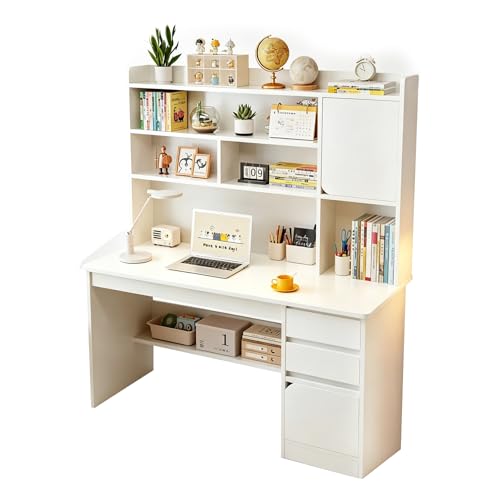FORKUSO Escritorio con Cajones y Repisa, Computadora Minimalista. Oficina, Madera (Desk). 120 * 45 * 164CM 4 estantes, 3 cajones, 2 armarios. para Sala, Dormitorio o Juegos (Blanco)